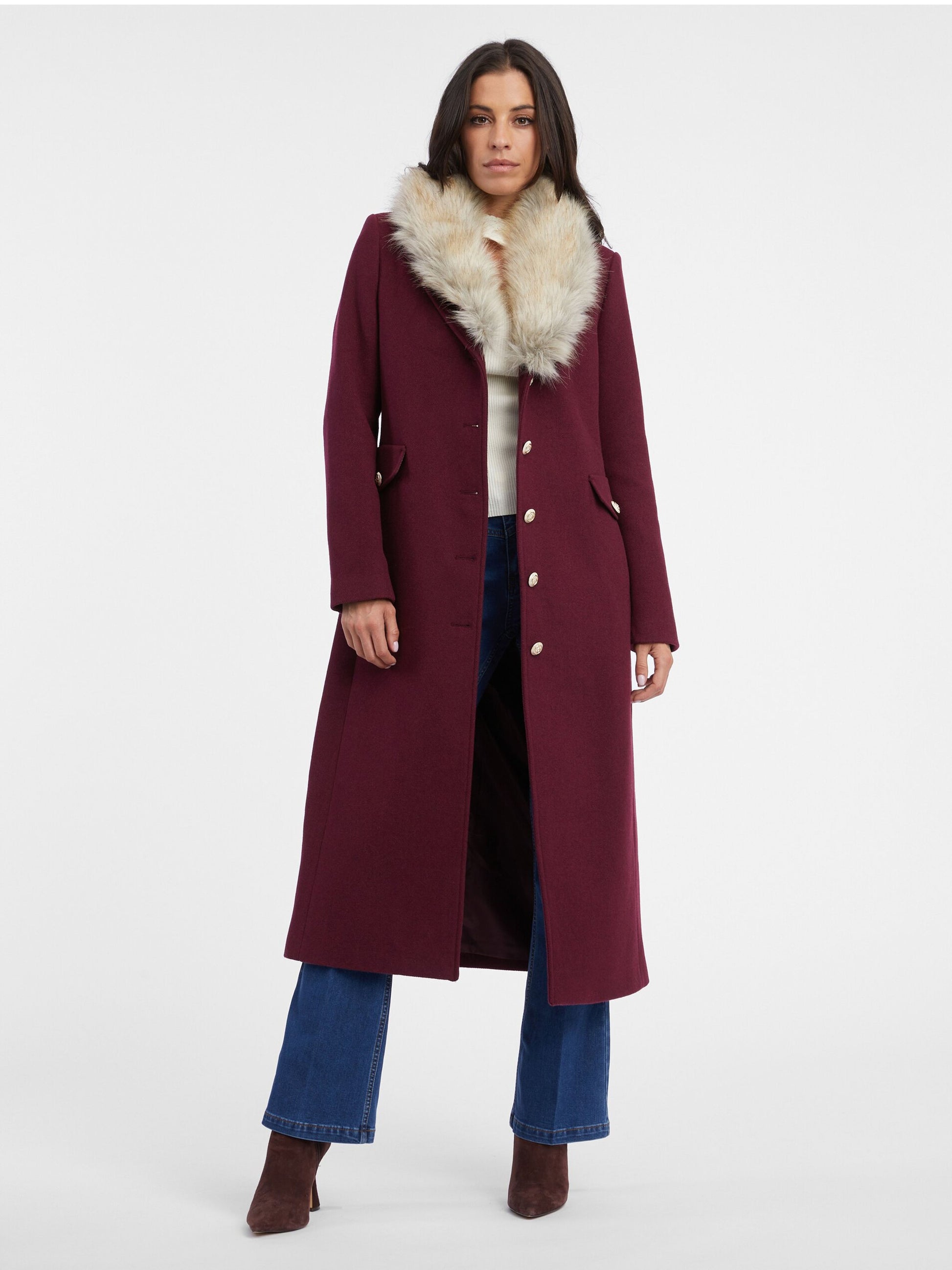 Elegant Burgundy Wool Blend Women's Coat with Faux Fur Collar