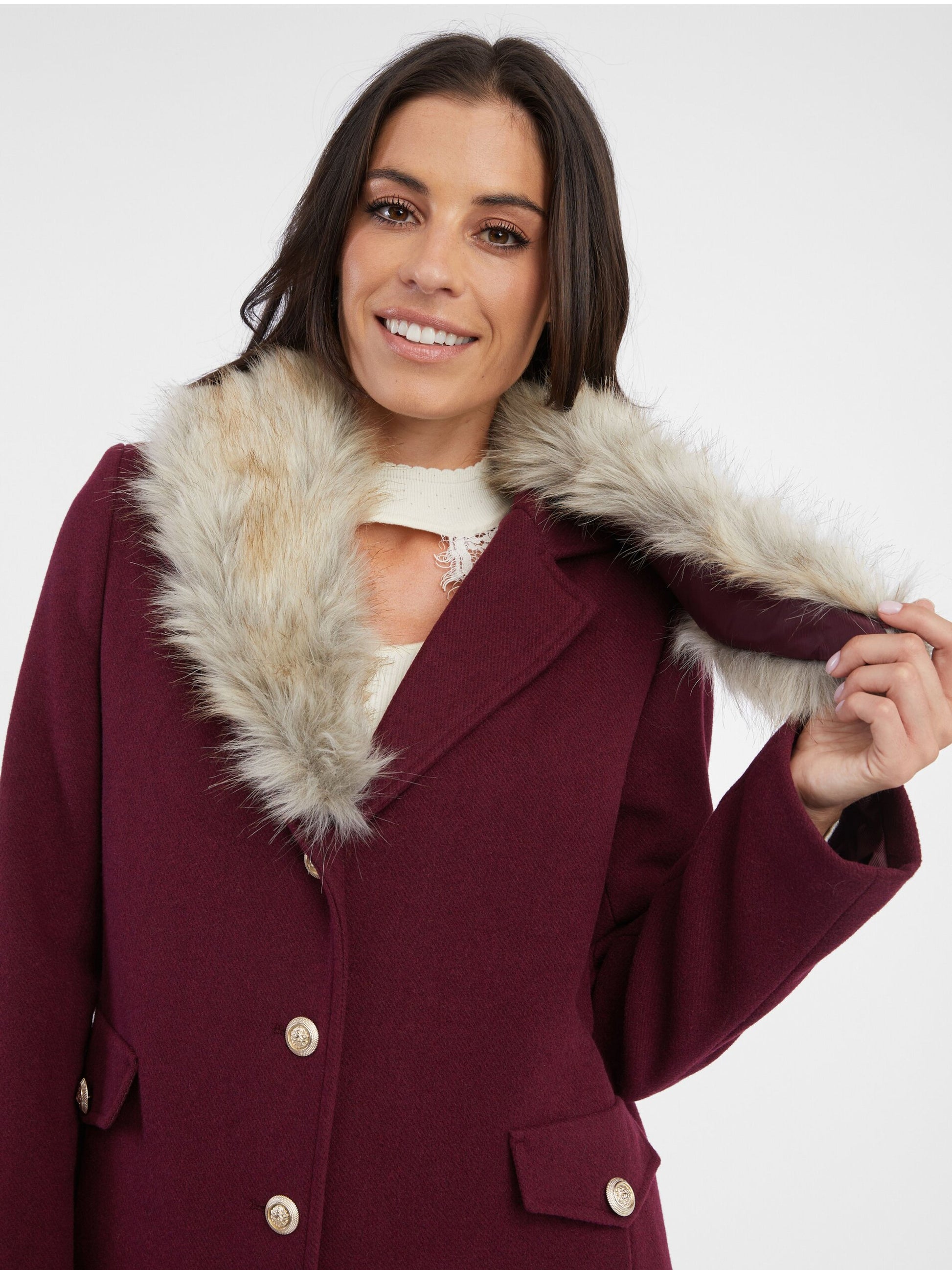 Elegant Burgundy Wool Blend Women's Coat with Faux Fur Collar
