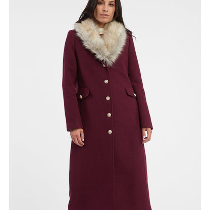 Elegant Burgundy Wool Blend Women's Coat with Faux Fur Collar