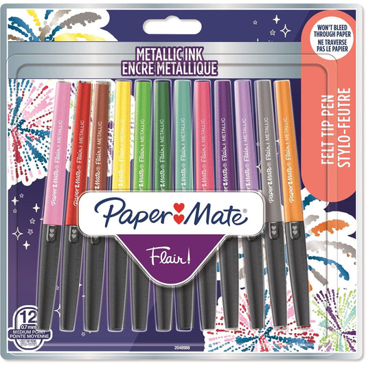 Paper Mate Flair Metallic Glitter Felt Tip Pens, 12 Assorted Shiny Colors