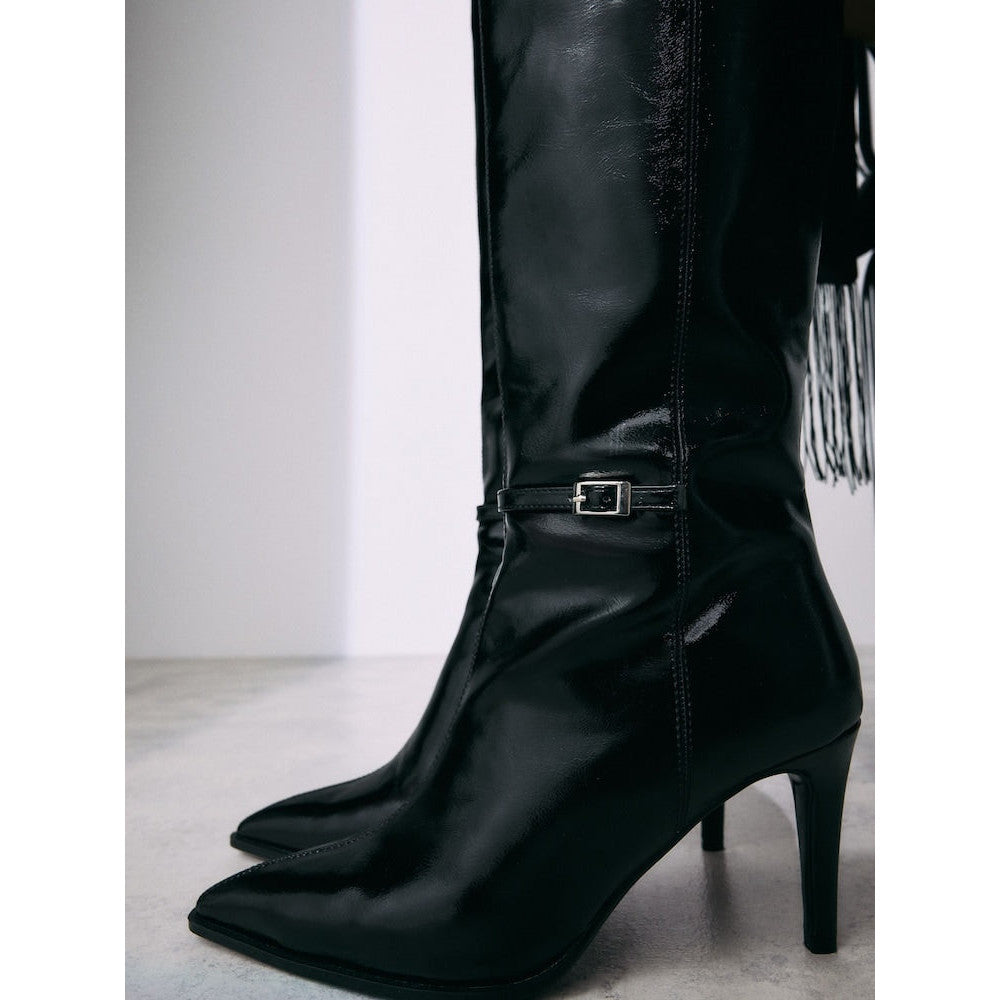 Elegant Black Forever Comfort Skinny Heeled Knee High Boots with Buckle Detail