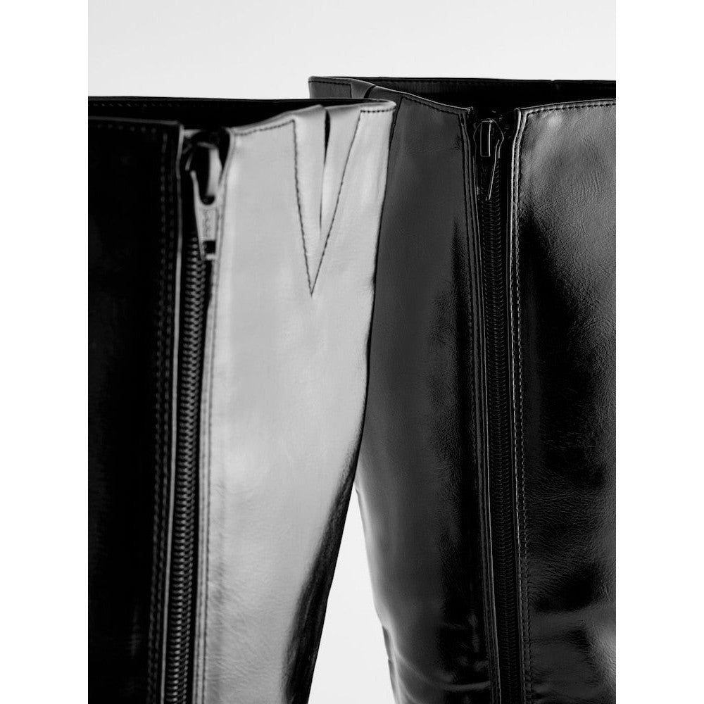 Elegant Black Forever Comfort Skinny Heeled Knee High Boots with Buckle Detail