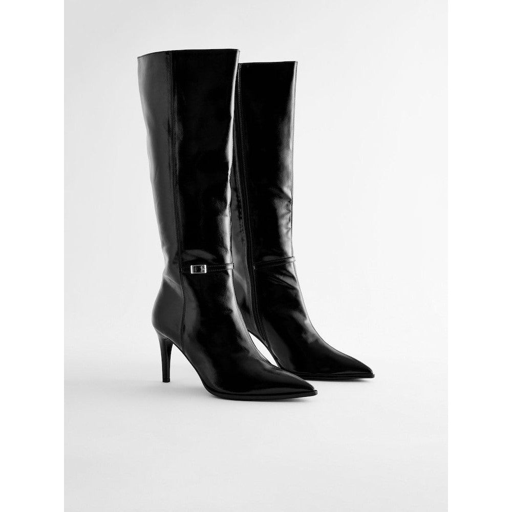Elegant Black Forever Comfort Skinny Heeled Knee High Boots with Buckle Detail