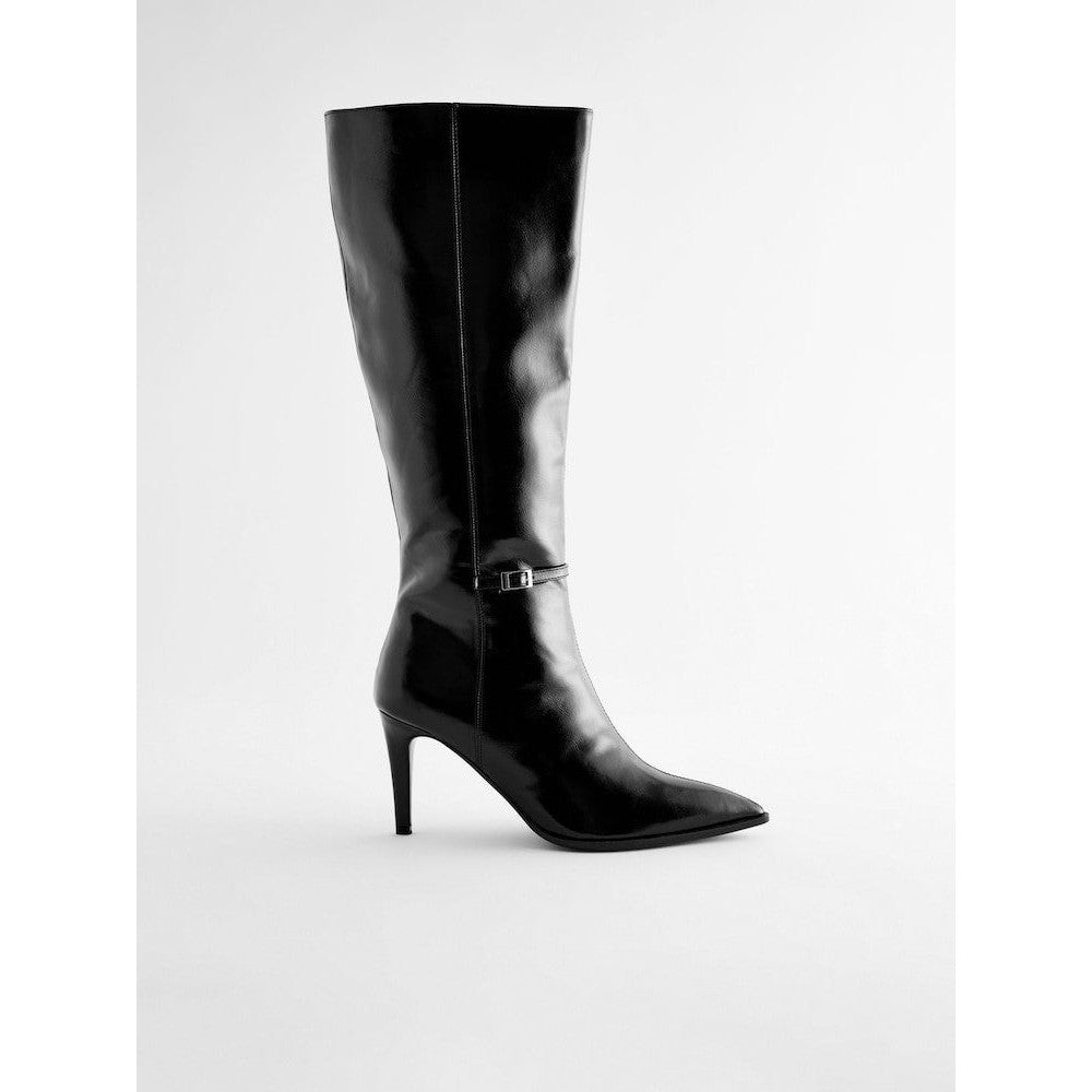 Elegant Black Forever Comfort Skinny Heeled Knee High Boots with Buckle Detail