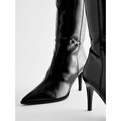 Elegant Black Forever Comfort Skinny Heeled Knee High Boots with Buckle Detail