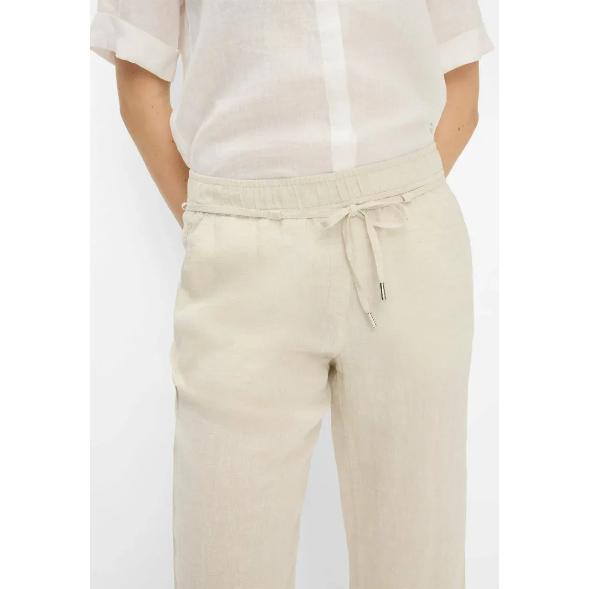 BRAX Farina Light Beige Linen Trousers - Elastic Waist, Straight Leg - Gomix Brands Outlet