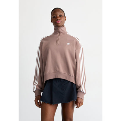 Comfortable adidas Originals Half-Zip Crew Neck Sweatshirt in Stylish Trace Brown