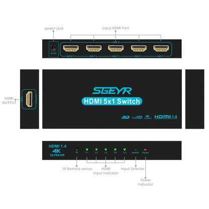 SGEYR 5-Port 4K 30Hz HDMI Switch with Remote 4K501