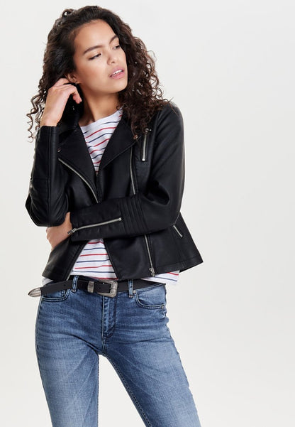 ONLY Carmakoma Women's Black Faux Leather Biker Jacket with Zip Details