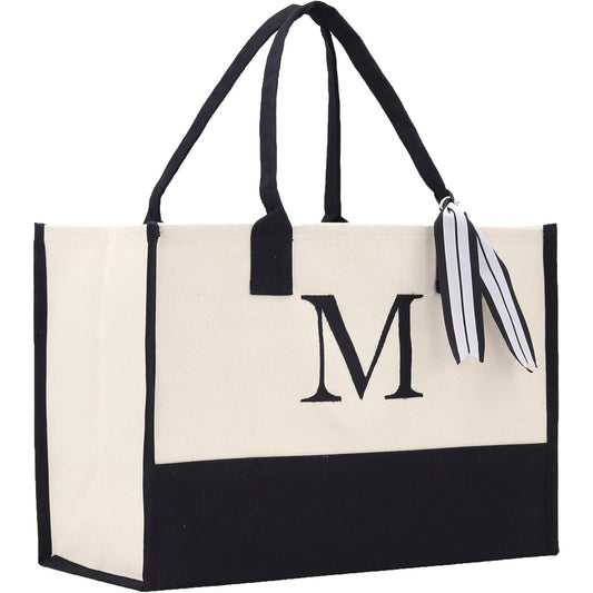 Personalized Monogram Initial Cotton Two-Tone Chic Tote Bag for Women