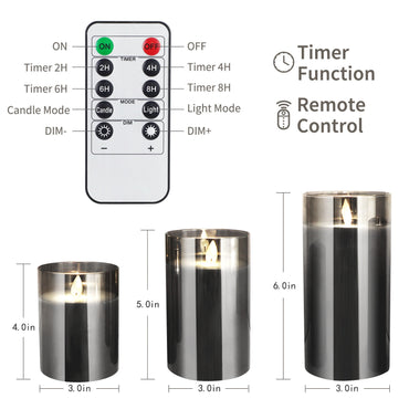 Realistic Glass Flameless LED Pillar Candles with Remote Control & Timer 3-Pack