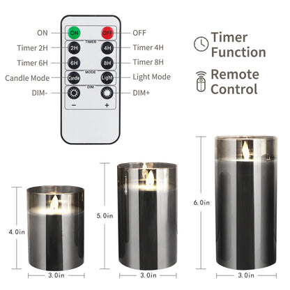 Realistic Glass Flameless LED Pillar Candles with Remote Control & Timer 3-Pack