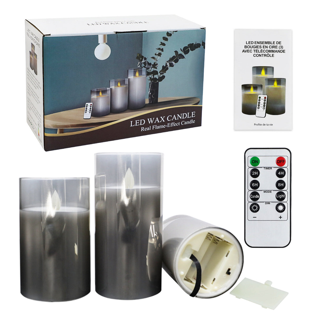 Realistic Glass Flameless LED Pillar Candles with Remote Control & Timer 3-Pack