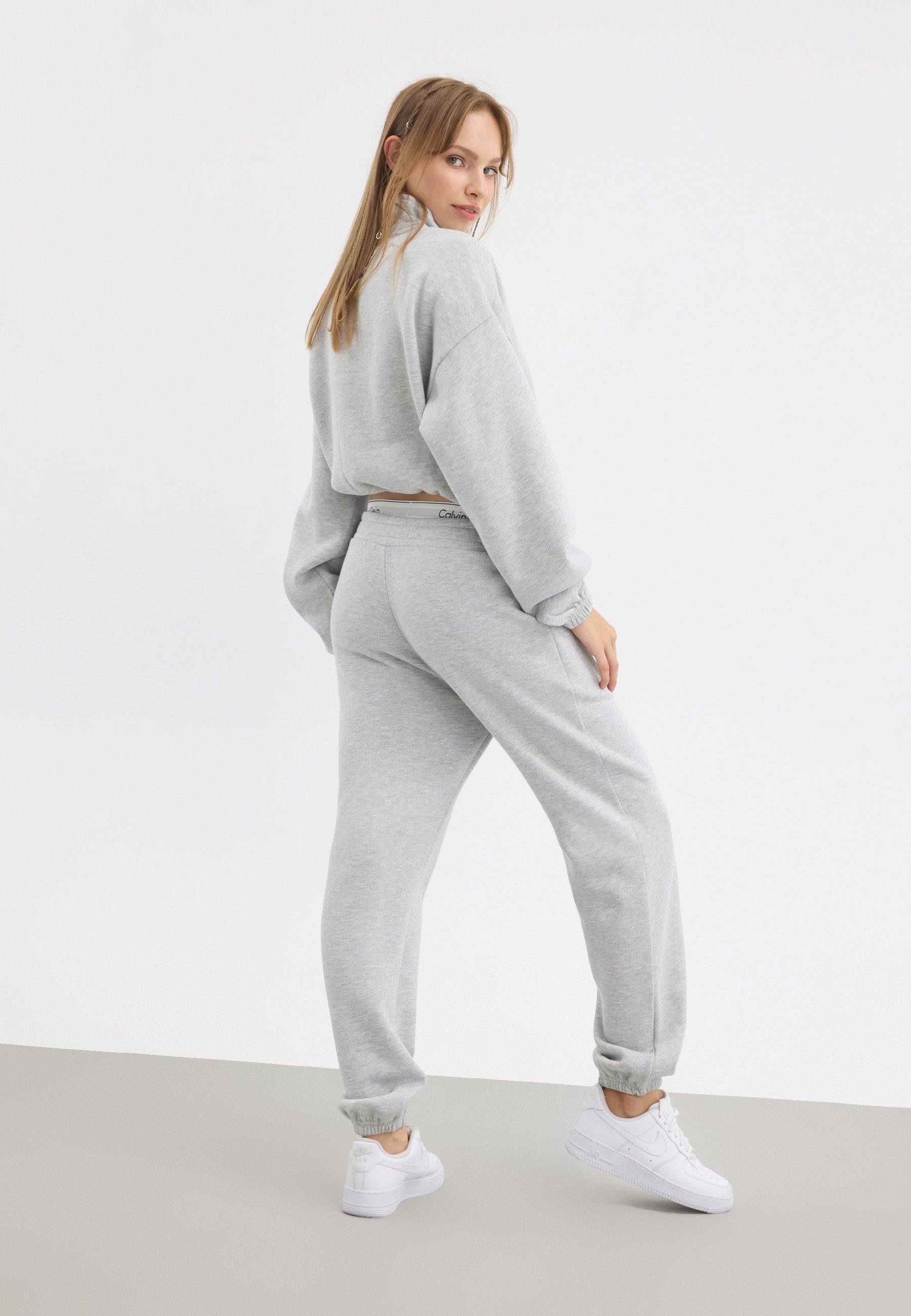 Even&Odd Women's Mottled Light Grey Cotton Blend Zip-Neck Tracksuit Set