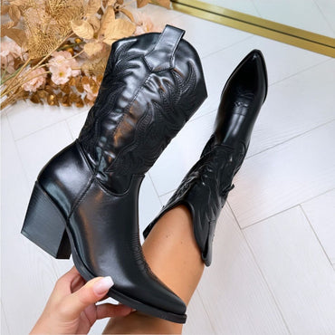 Sleek All-Black DES953 Western Cowboy Boots with 3-Inch Stacked Heel
