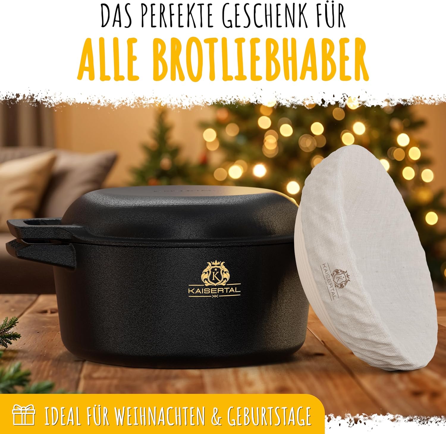 KAISERTAL Cast Iron Bread Baking Pot with Lid & Rattan Proofing Basket