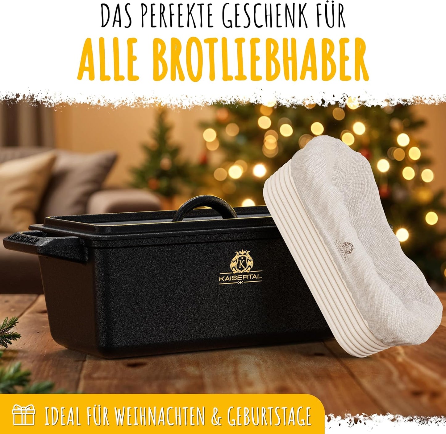 KAISERTAL Cast Iron Bread Pan, Lid, & Natural Proofing Basket Set