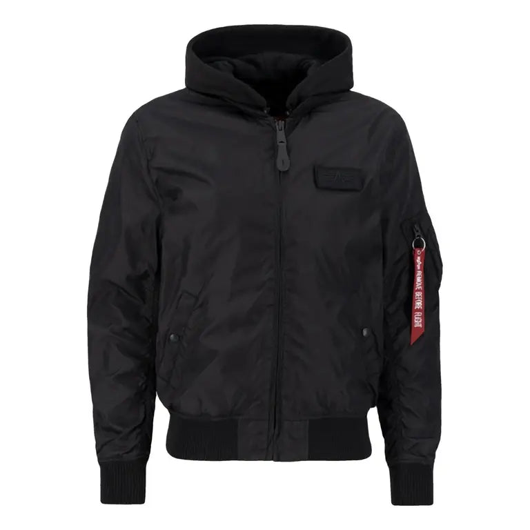 Black jacket with a red patch on a white background