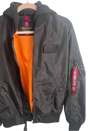 Gray bomber jacket with orange lining