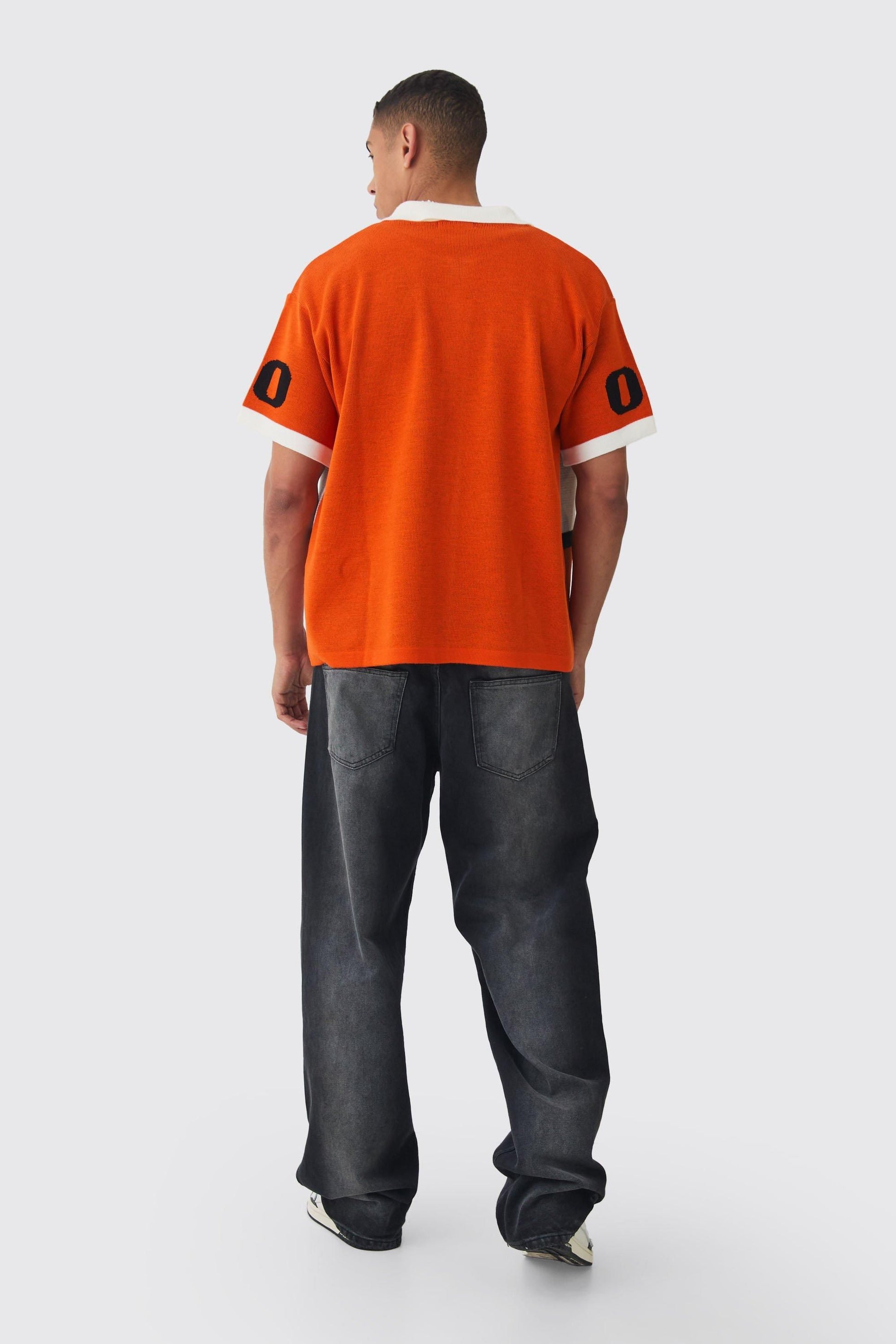 Men's Boxy Oversized Moto Knitted Short Sleeve Jacquard Shirt in Orange