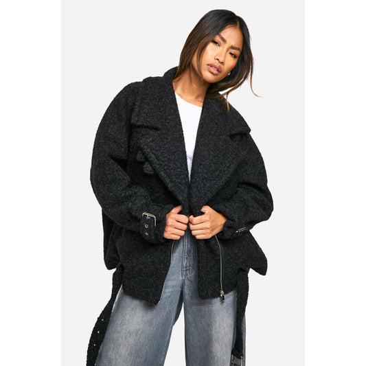 Boohoo Women's Oversized Textured Wool-Look Biker Jacket Black