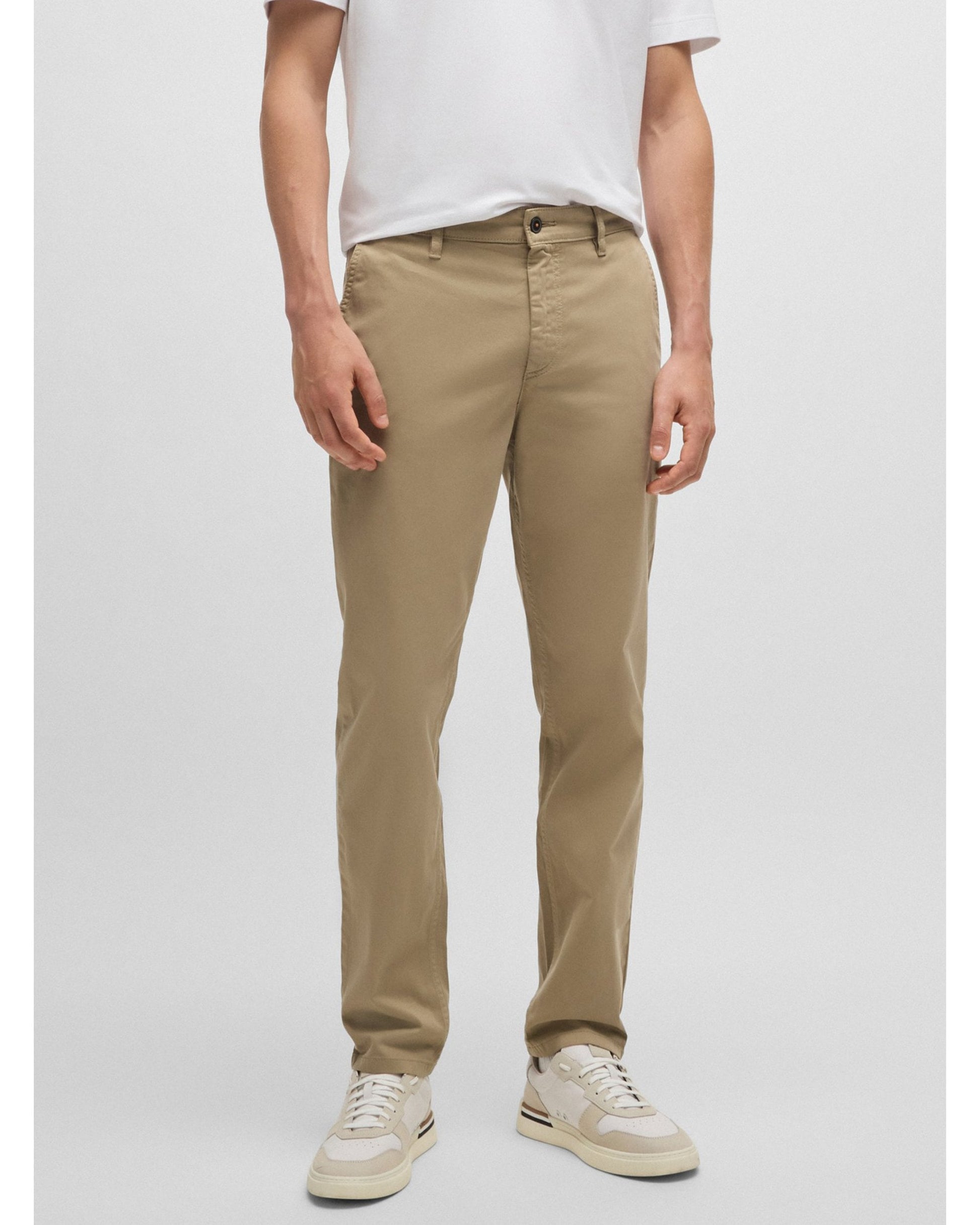 BOSS Men's Beige Tapered Chino Trousers - Regular Fit Stretch Cotton