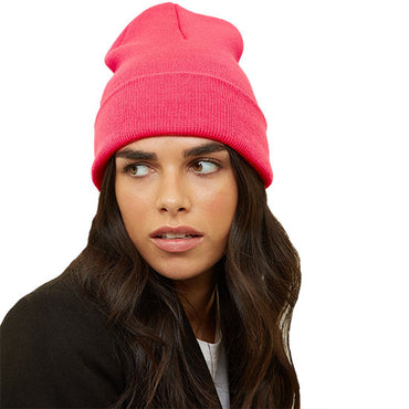 Vibrant Neon Pink Ribbed Knit Beanie Hat for Women - Cozy & Stylish