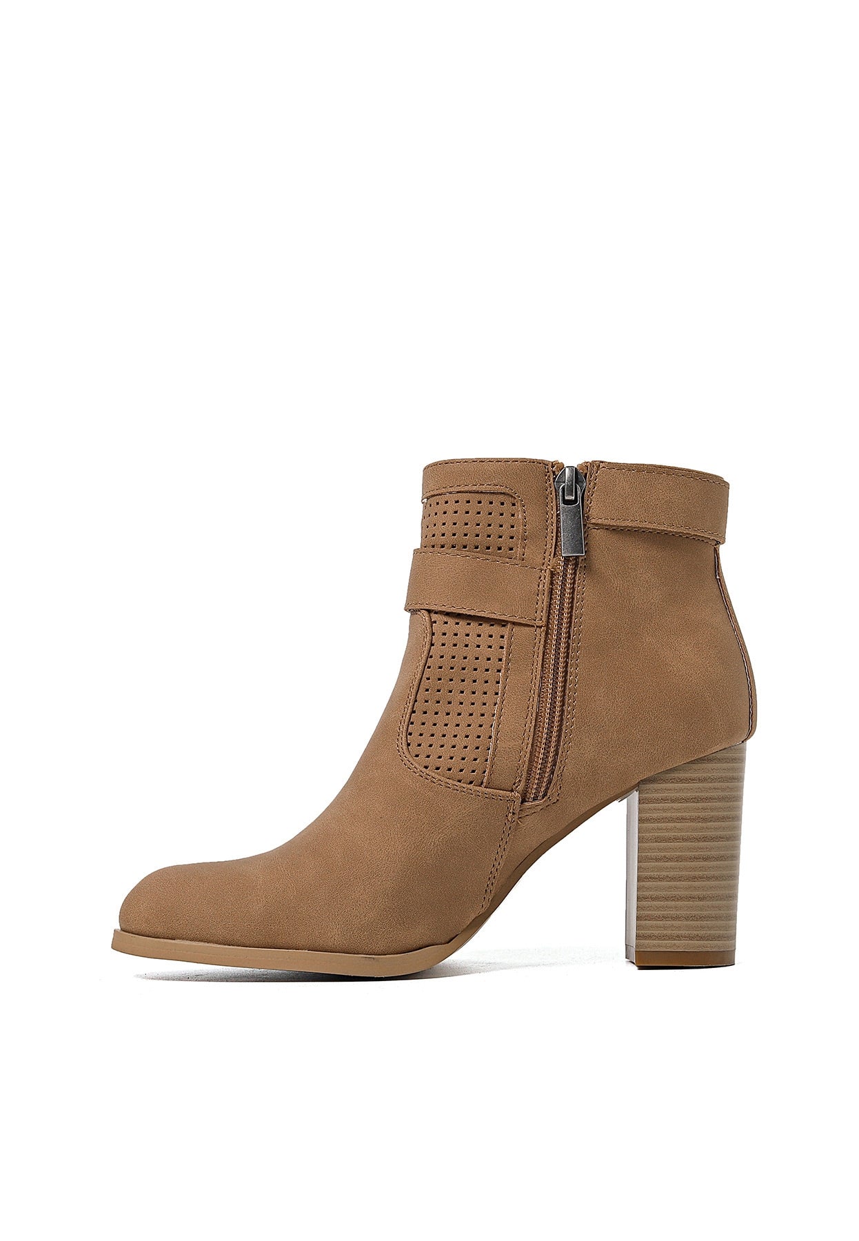 Women's Chunky Heel Ankle Boots with Perforated Suede Faux Leather