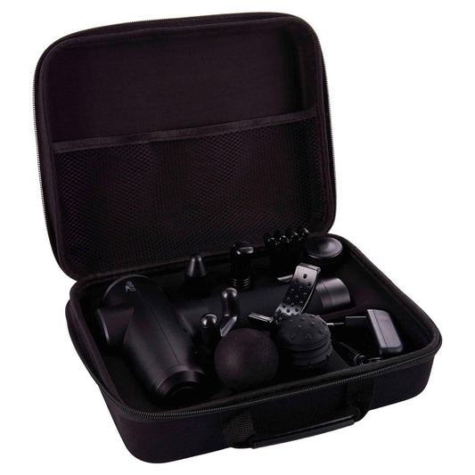 Black travel case with various black items inside on a white background