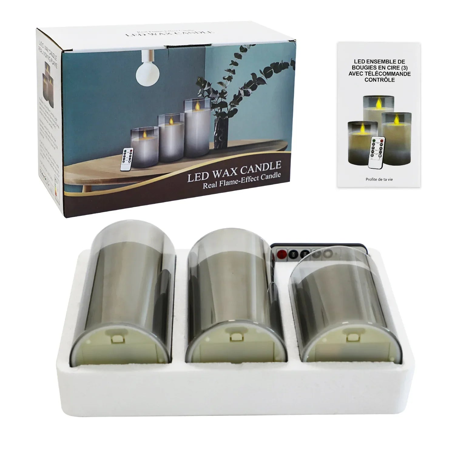 Realistic Glass Flameless LED Pillar Candles with Remote Control & Timer 3-Pack - Gomix Brands Outlet