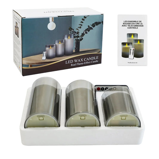 Realistic Glass Flameless LED Pillar Candles with Remote Control & Timer 3-Pack - Gomix Brands Outlet