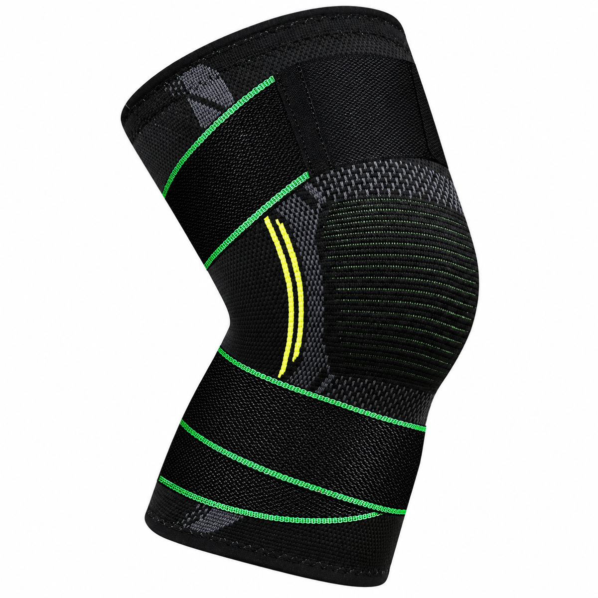 VITTO A black knee support brace with green and yellow accents, shown on a plain white background.