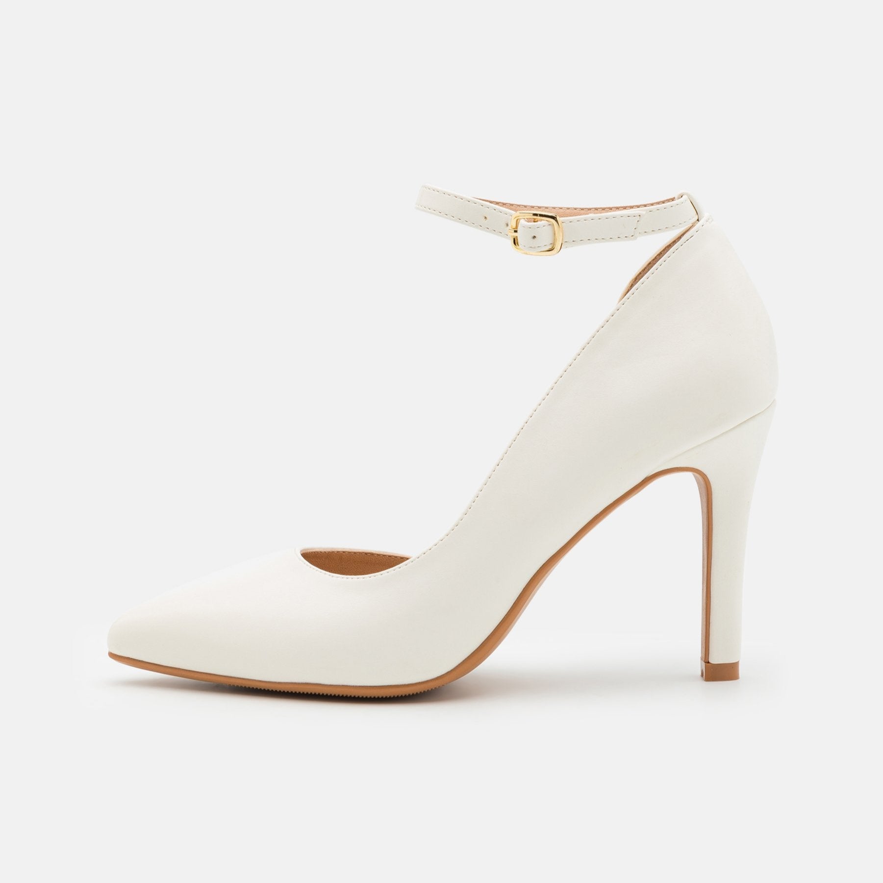 Elegant White Pointed Toe Stiletto Heels with Ankle Strap - Classic Design