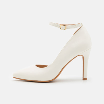 Elegant White Pointed Toe Stiletto Heels with Ankle Strap - Classic Design