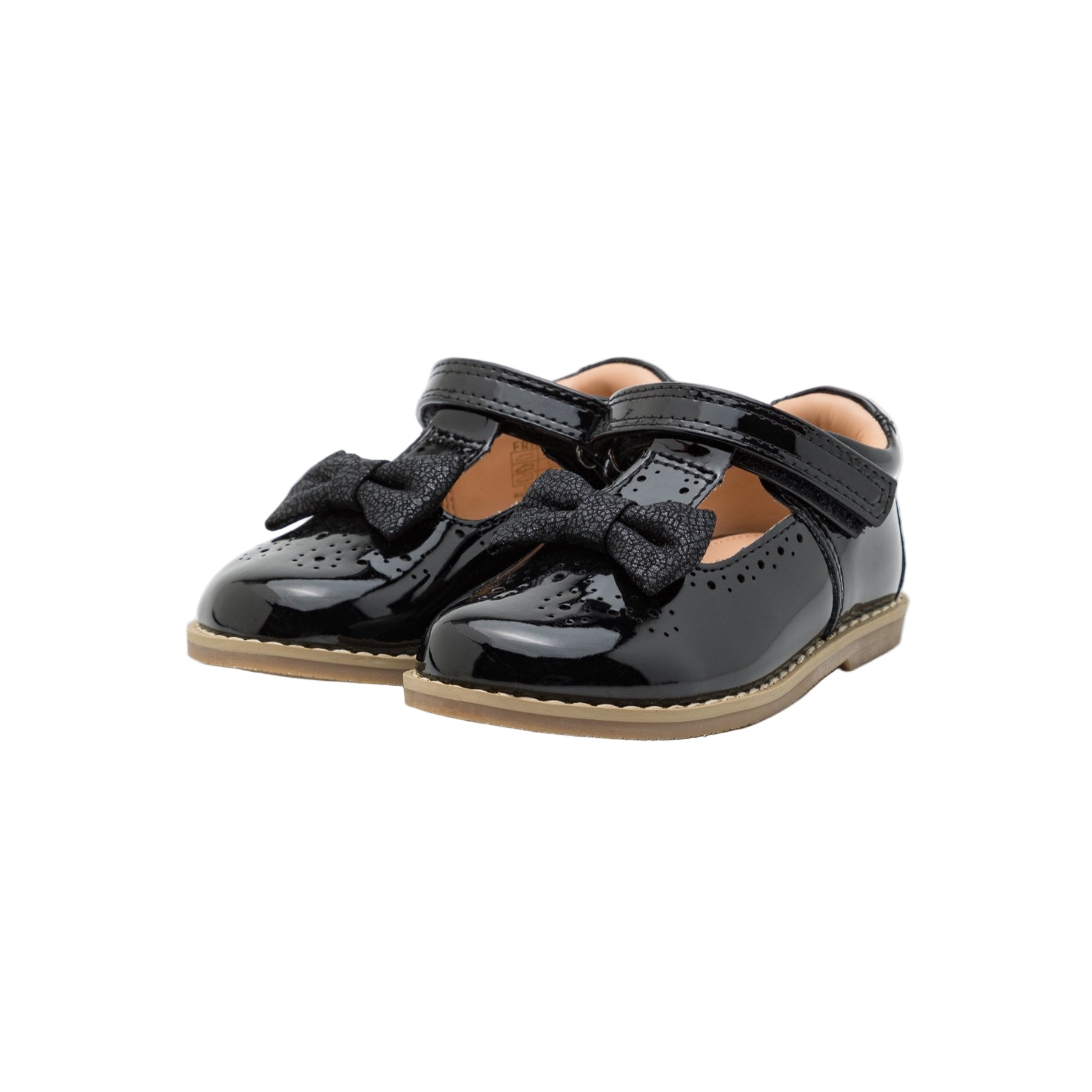 Friboo Kids' Patent Black Ballet Pumps with Velcro Strap Bow Detail