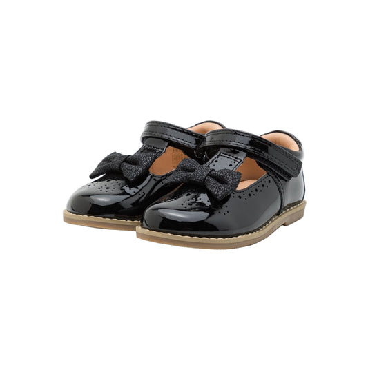 Friboo Kids' Patent Black Ballet Pumps with Velcro Strap Bow Detail