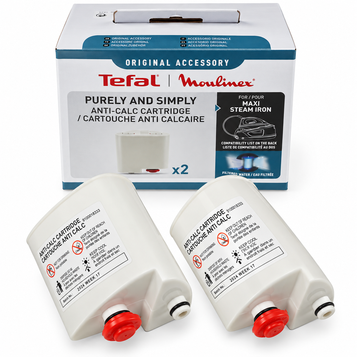 Two white Tefal-Moulinex anti-calc cartridges with red caps in front of their original blue and white retail box, on a clean white background.