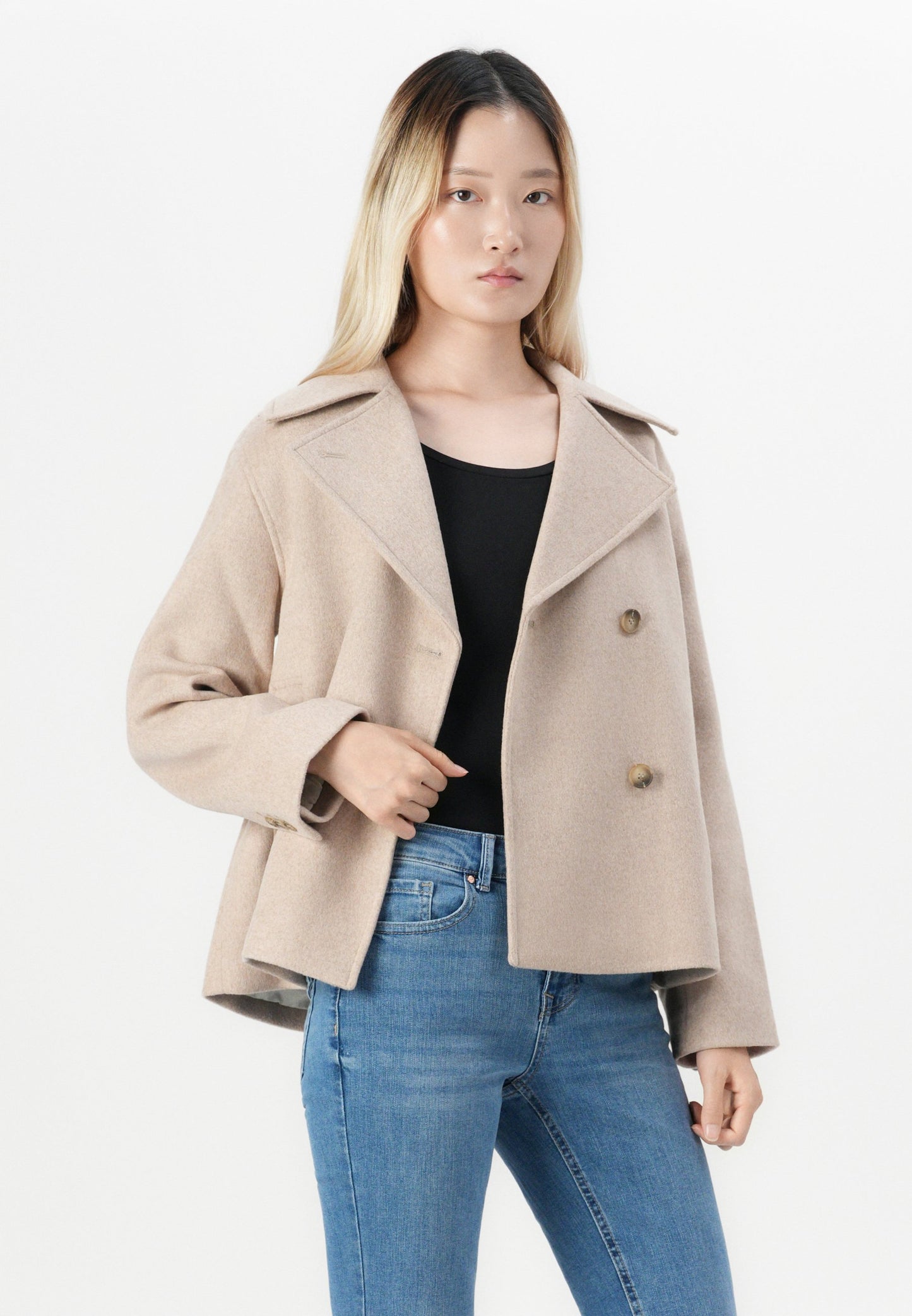 Chic Selected Femme SLFALMA Sandshell Double-Breasted Wool Blend Short Coat Jacket