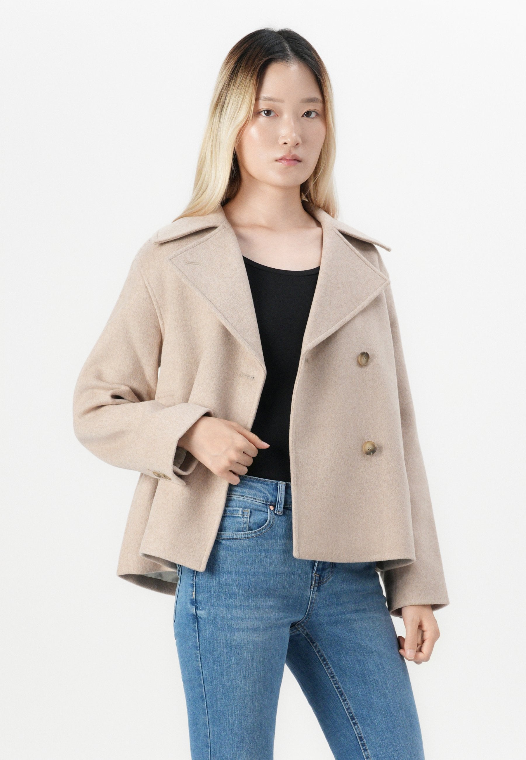 Chic Selected Femme SLFALMA Sandshell Double-Breasted Wool Blend Short Coat Jacket