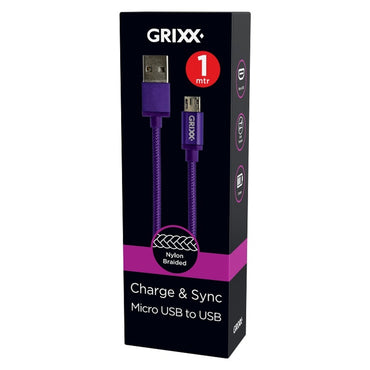 GRIXX Braided Micro USB Data Sync Charging Cable, 3.3ft, Purple