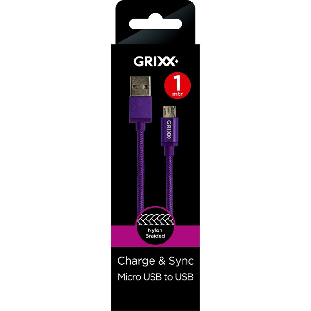 GRIXX Braided Micro USB Data Sync Charging Cable, 3.3ft, Purple