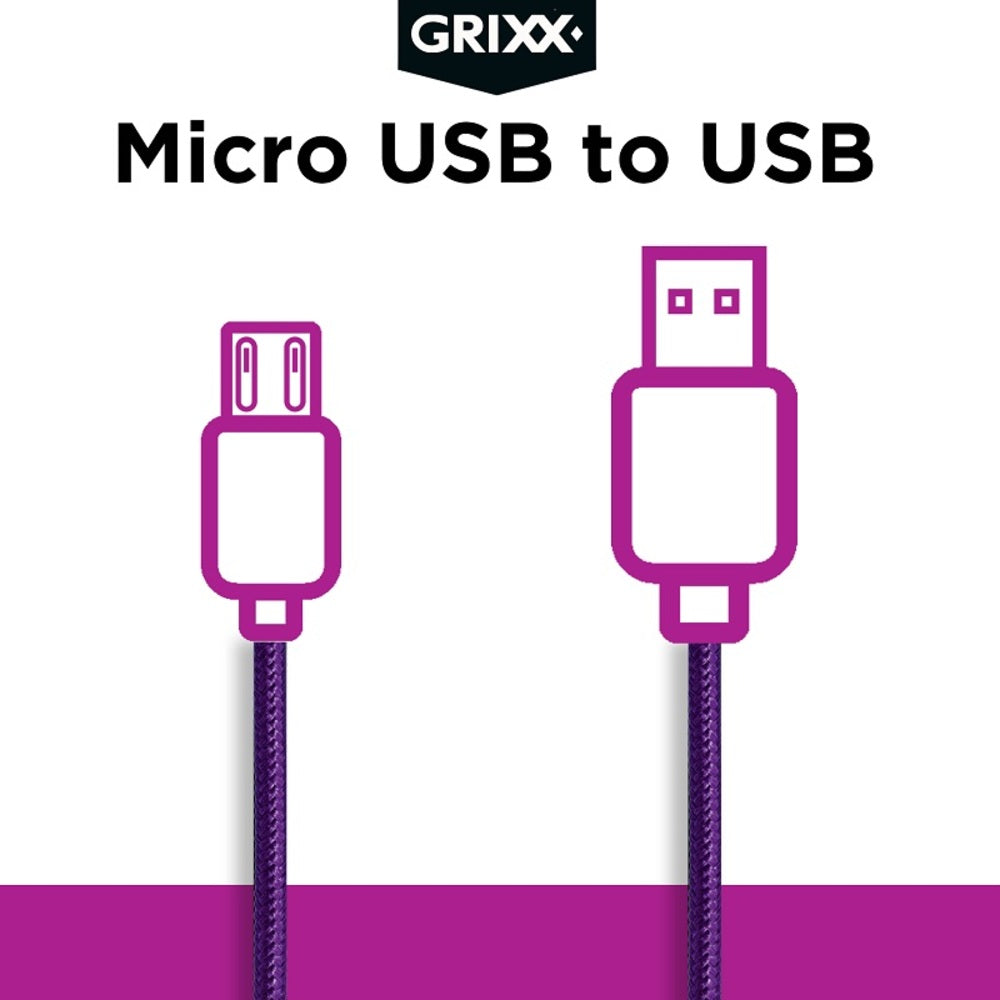 GRIXX Braided Micro USB Data Sync Charging Cable, 3.3ft, Purple