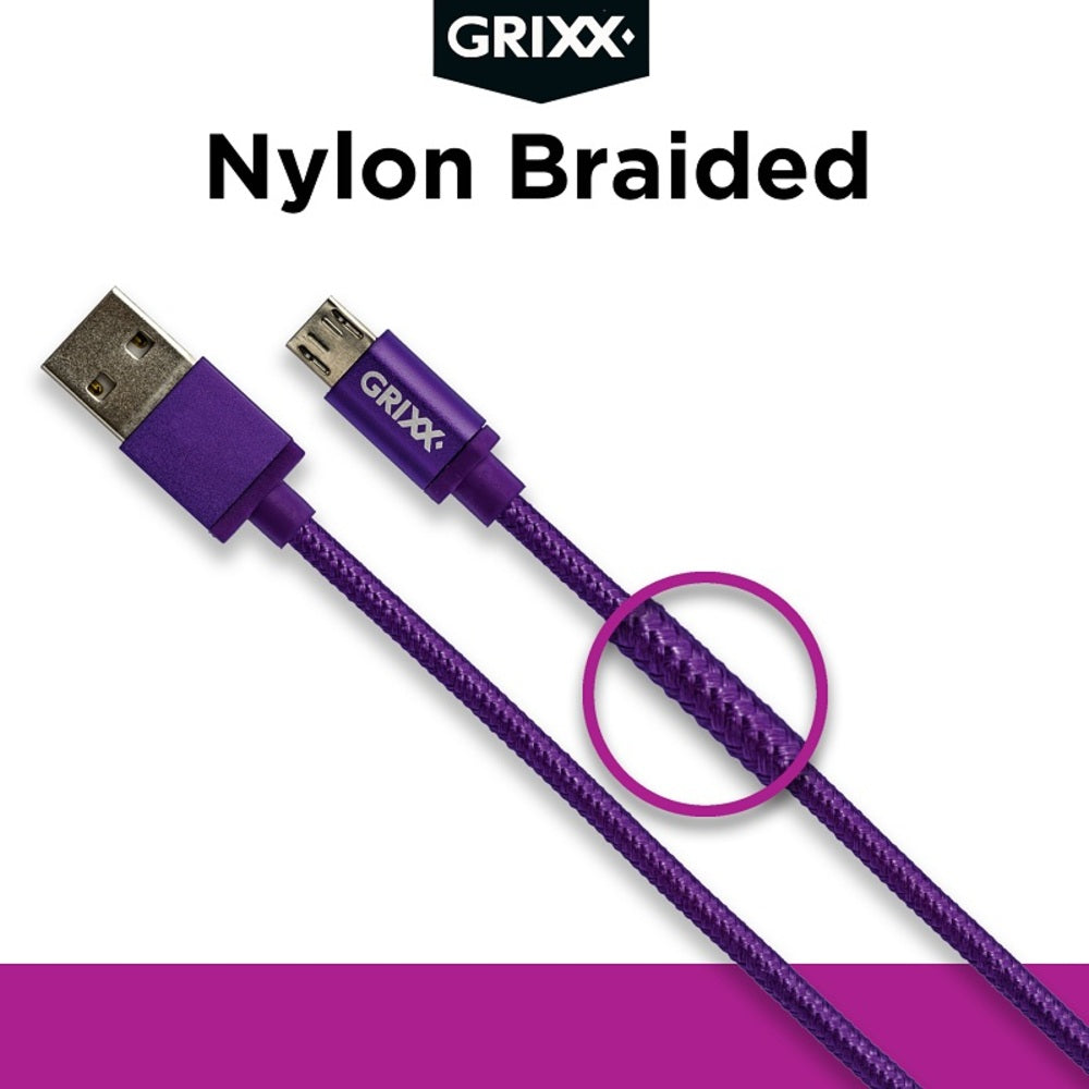 GRIXX Braided Micro USB Data Sync Charging Cable, 3.3ft, Purple