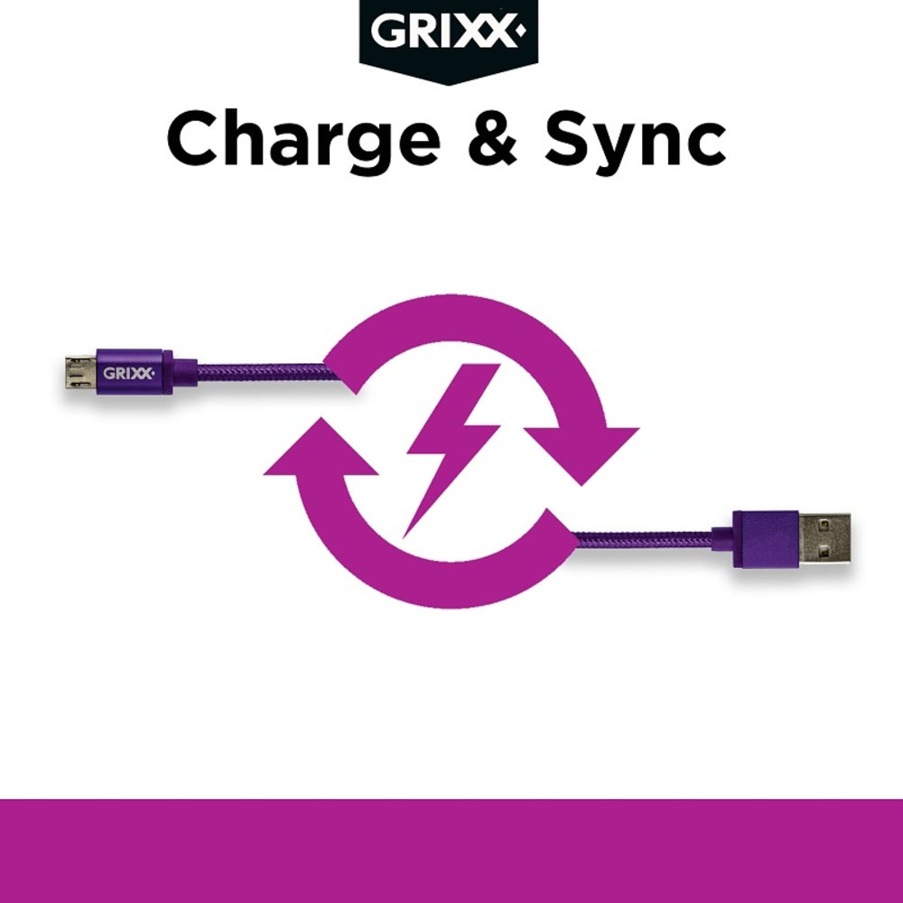 GRIXX Braided Micro USB Data Sync Charging Cable, 3.3ft, Purple