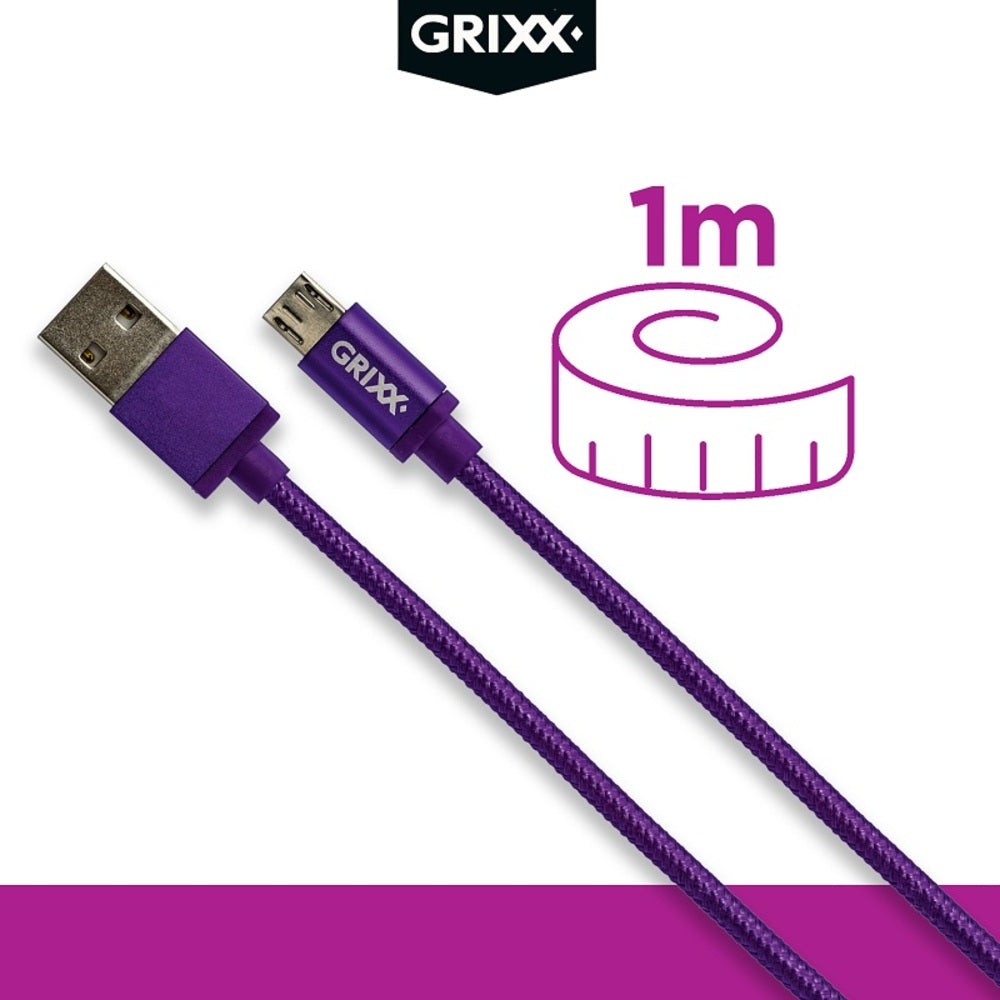 GRIXX Braided Micro USB Data Sync Charging Cable, 3.3ft, Purple