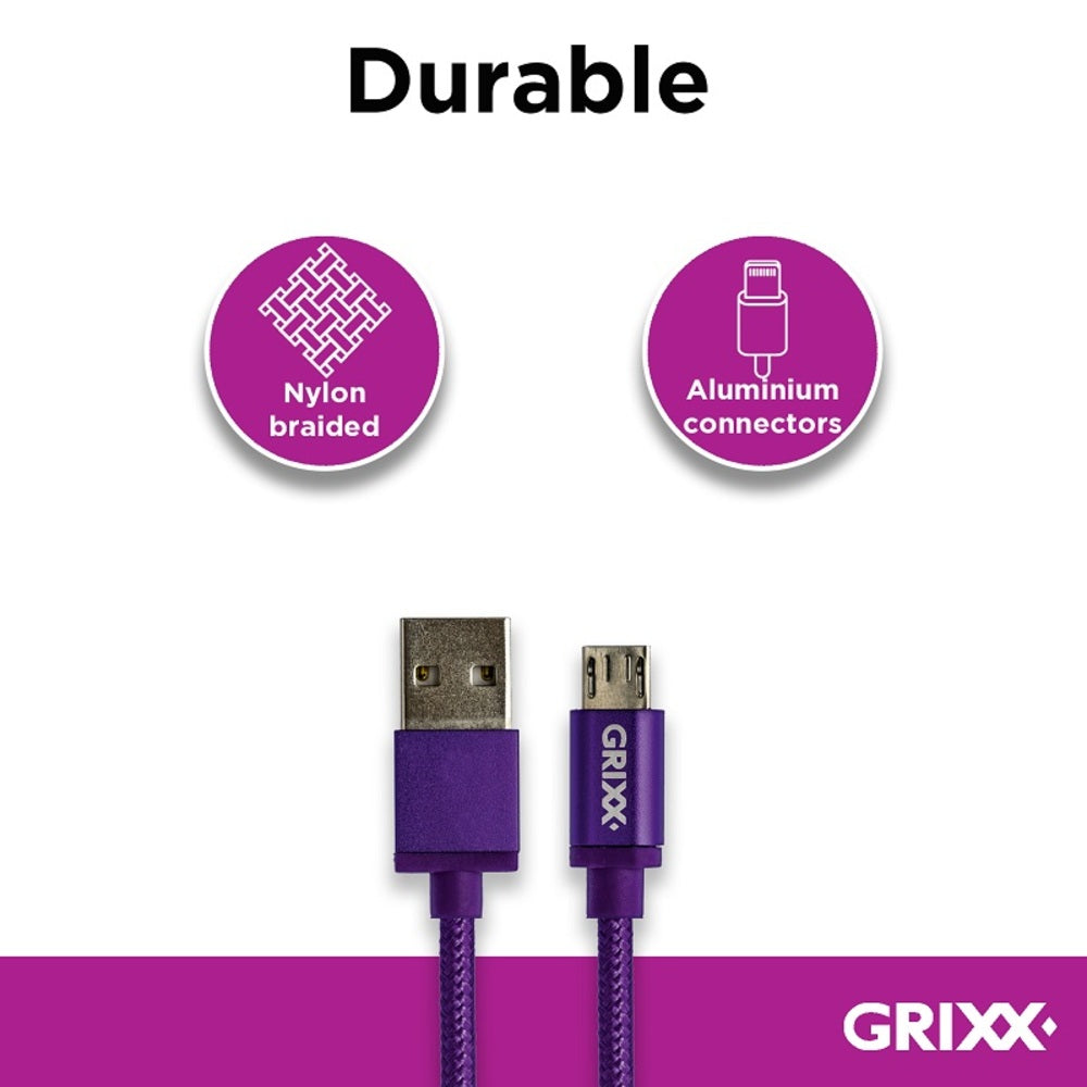GRIXX Braided Micro USB Data Sync Charging Cable, 3.3ft, Purple
