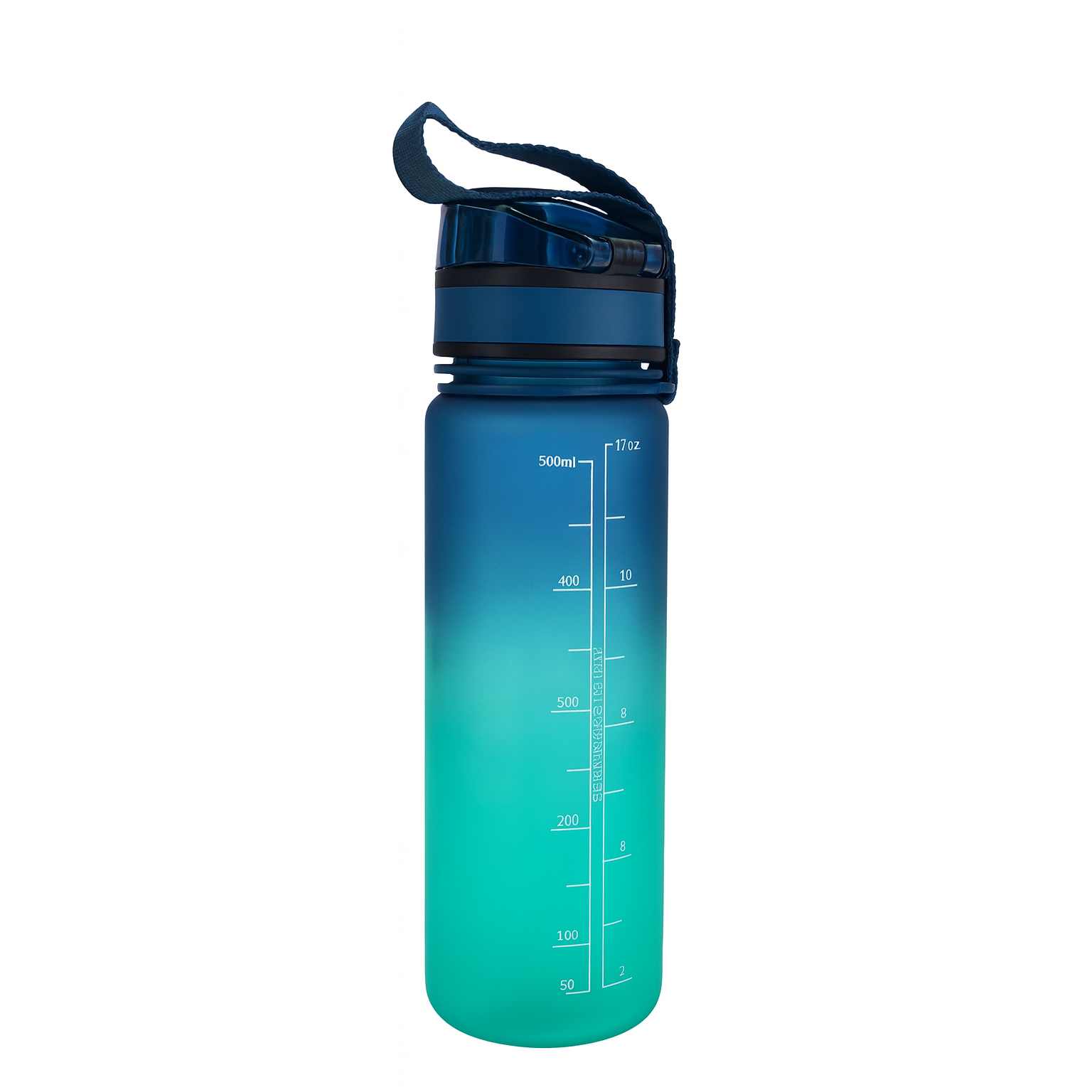 Blue water bottle with measurement markings on a white background
