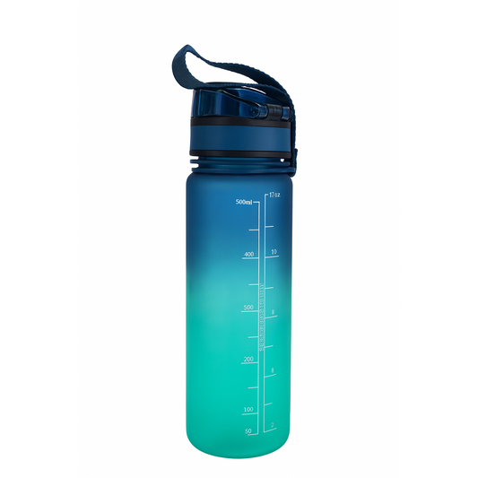 Blue water bottle with measurement markings on a white background