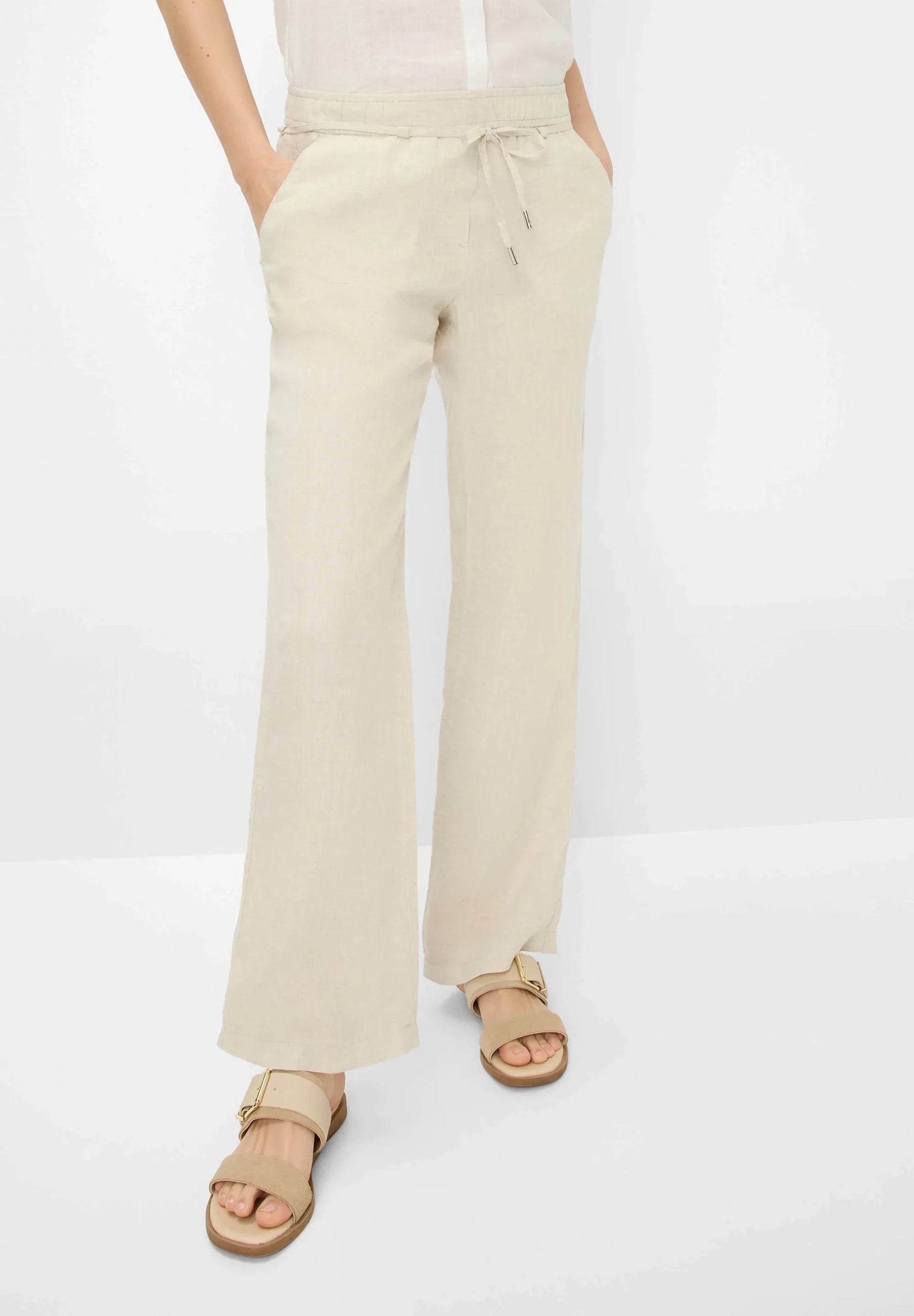 BRAX Farina Light Beige Linen Trousers - Elastic Waist, Straight Leg - Gomix Brands Outlet