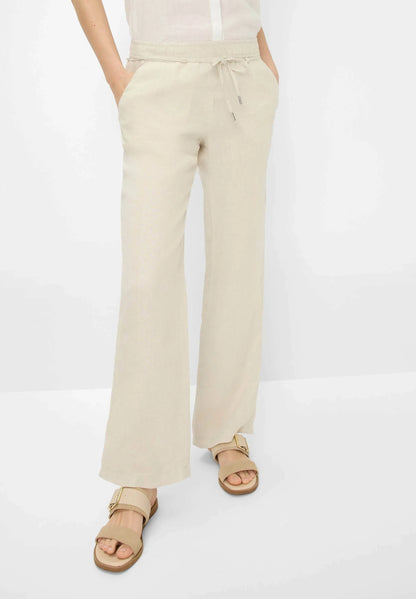 BRAX Farina Light Beige Linen Trousers - Elastic Waist, Straight Leg - Gomix Brands Outlet